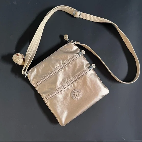 Kipling Metallic Triple Zip Crossbody Bag Champagne Gold - Picture 2 of 8